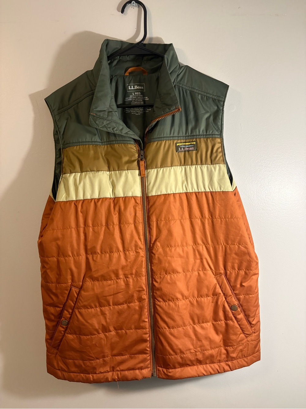 L.L. Bean Men’s Orange, Olive & Mustard Colorblock Quilted Vest